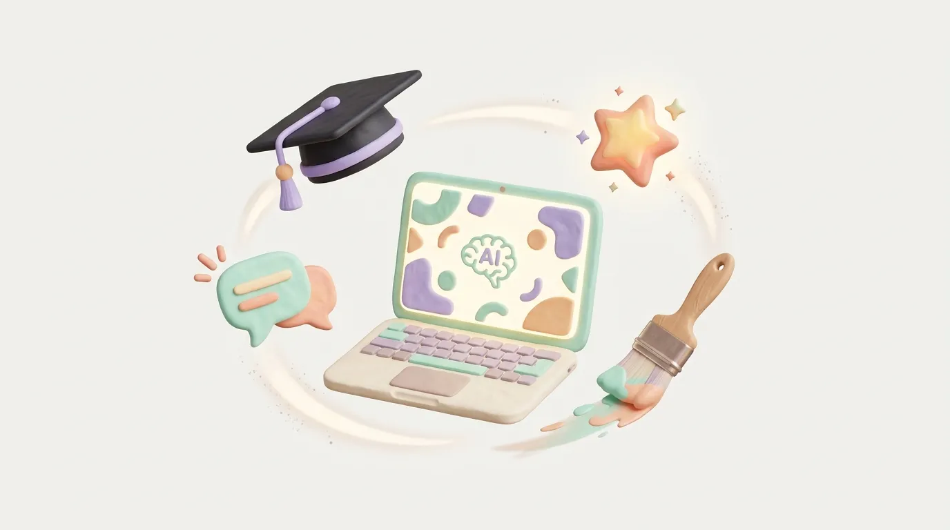 Máy tính, mũ tốt nghiệp, cọ vẽ và ngôi sao bay quanh nhau, minh họa AI hỗ trợ dạy học và làm web